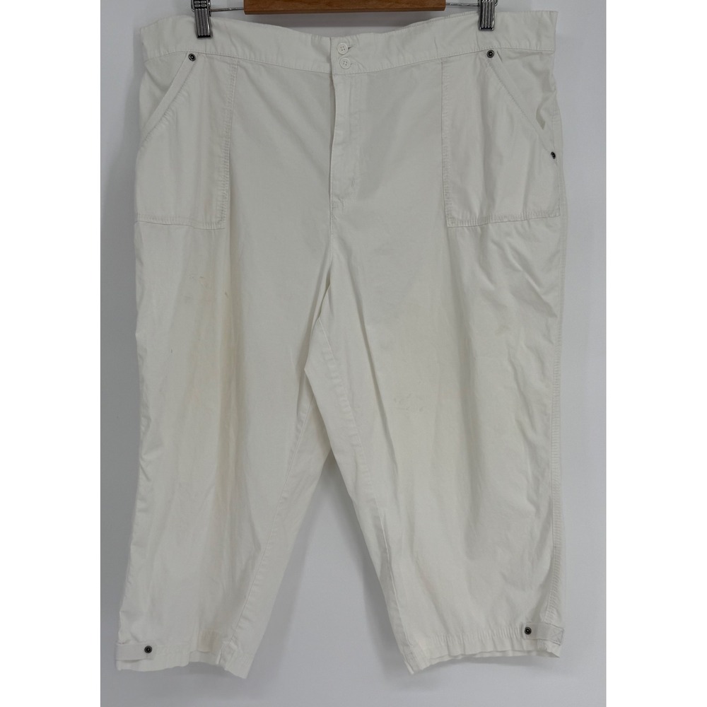 Coral Bay Womens White Cotton Stretch Capri Cropped Pants Snap Cuff Sz 18